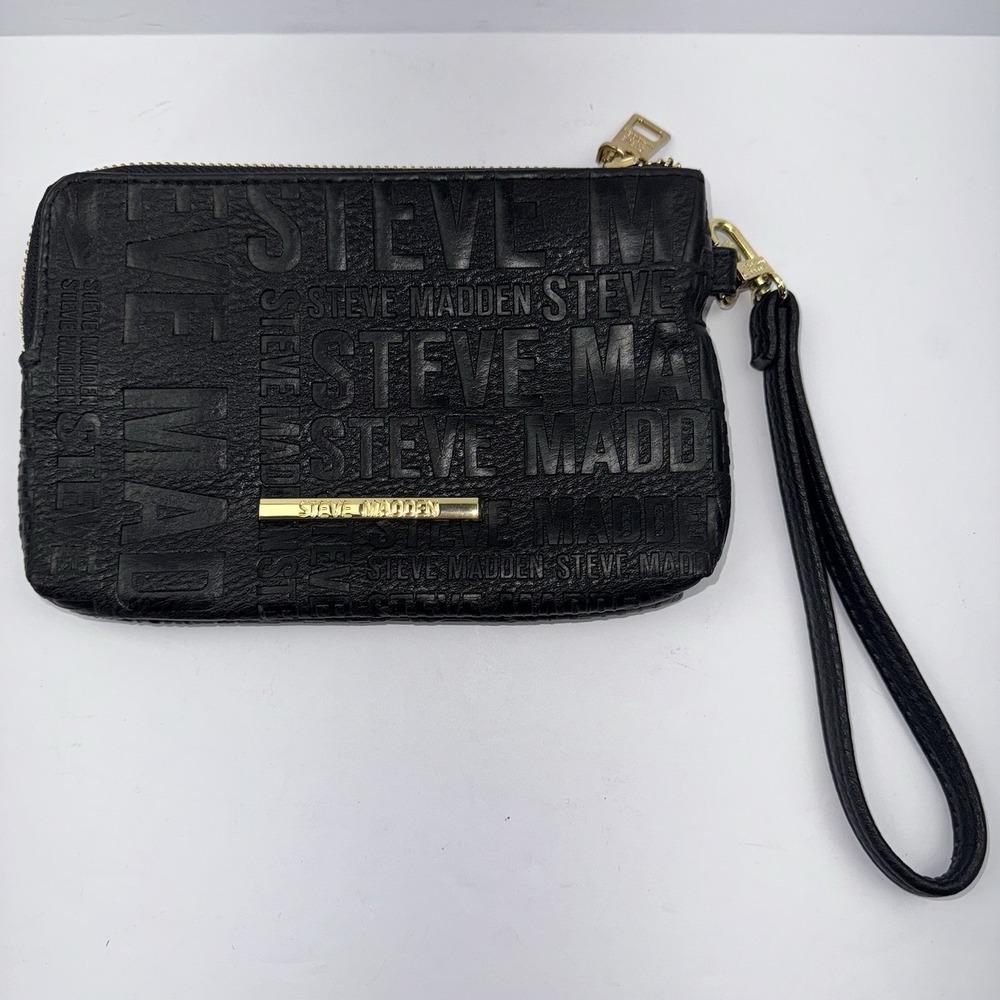 Steve Madden Btrell Double Zip Monogram Black Wristlet /Clutch